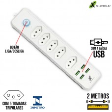 Extensão Elétrica 2mts 5 Tomadas + 4 USB XC-FL-01 X-Cell